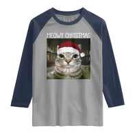 Meowy Christmas Raglan Shirt Xmas Silly Staring Cat Meme Santa Hat - Wonder Print Shop