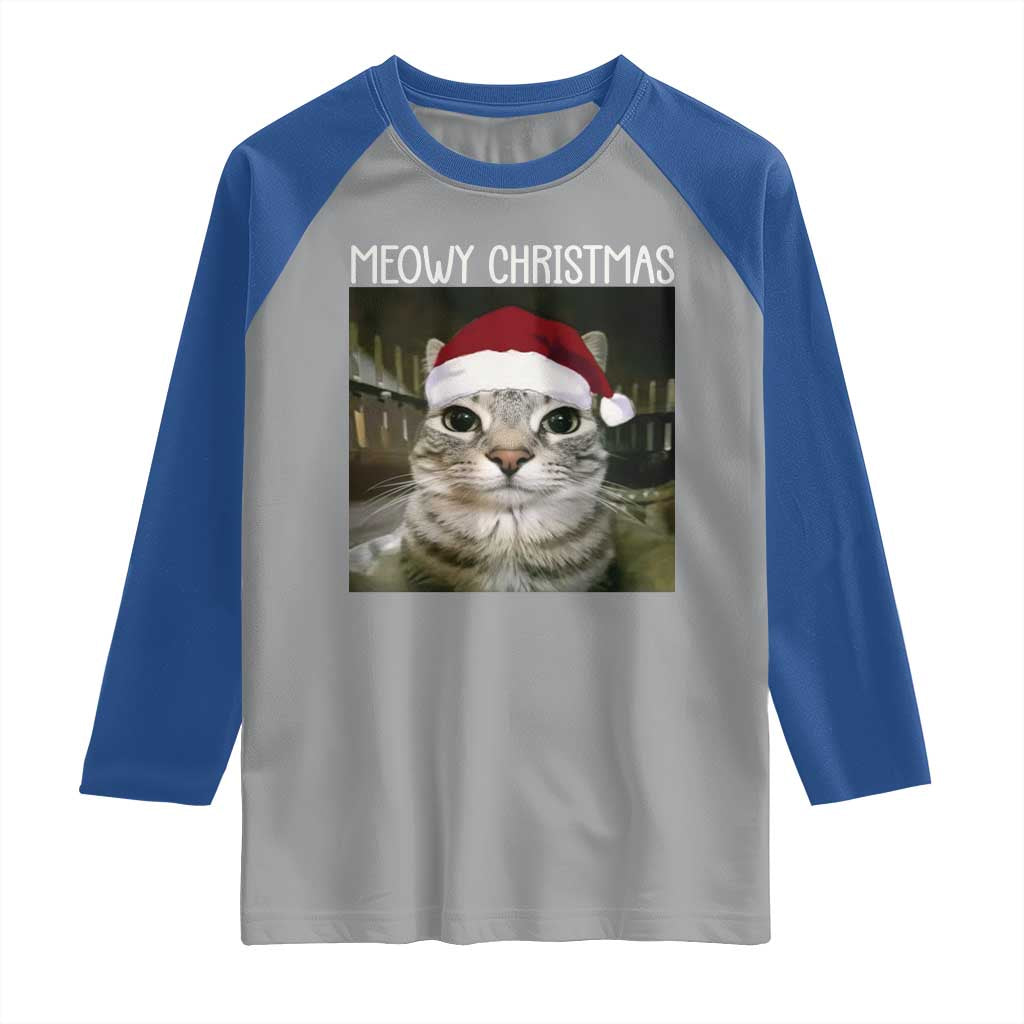 Meowy Christmas Raglan Shirt Xmas Silly Staring Cat Meme Santa Hat - Wonder Print Shop
