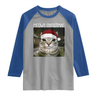 Meowy Christmas Raglan Shirt Xmas Silly Staring Cat Meme Santa Hat - Wonder Print Shop