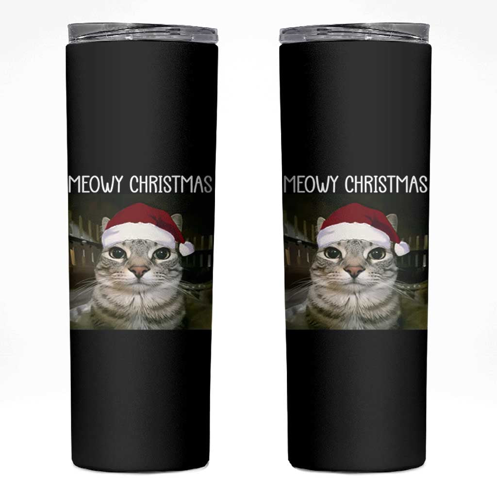 Meowy Christmas Skinny Tumbler Xmas Silly Staring Cat Meme Santa Hat - Wonder Print Shop