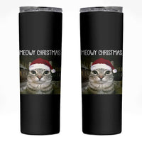 Meowy Christmas Skinny Tumbler Xmas Silly Staring Cat Meme Santa Hat - Wonder Print Shop