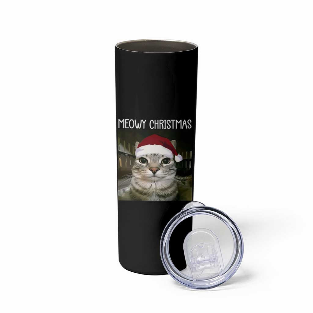 Meowy Christmas Skinny Tumbler Xmas Silly Staring Cat Meme Santa Hat - Wonder Print Shop