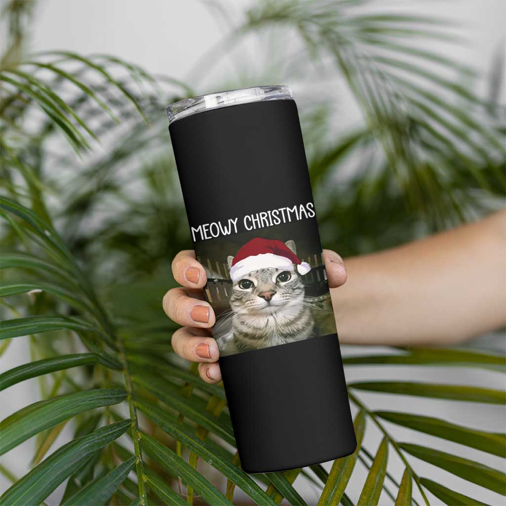 Meowy Christmas Skinny Tumbler Xmas Silly Staring Cat Meme Santa Hat - Wonder Print Shop