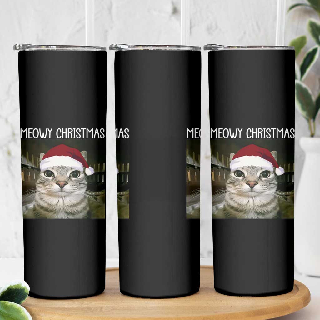 Meowy Christmas Skinny Tumbler Xmas Silly Staring Cat Meme Santa Hat - Wonder Print Shop