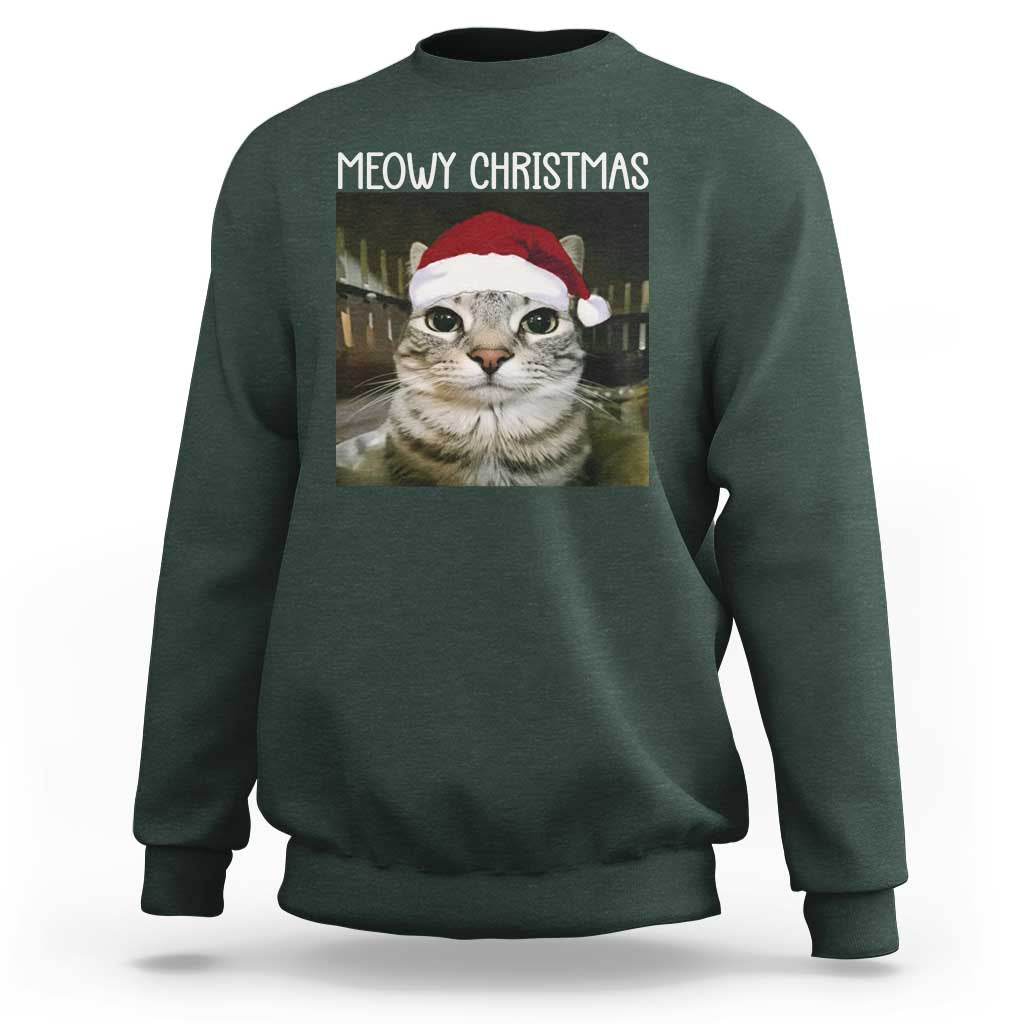 Meowy Christmas Sweatshirt Xmas Silly Staring Cat Meme Santa Hat - Wonder Print Shop