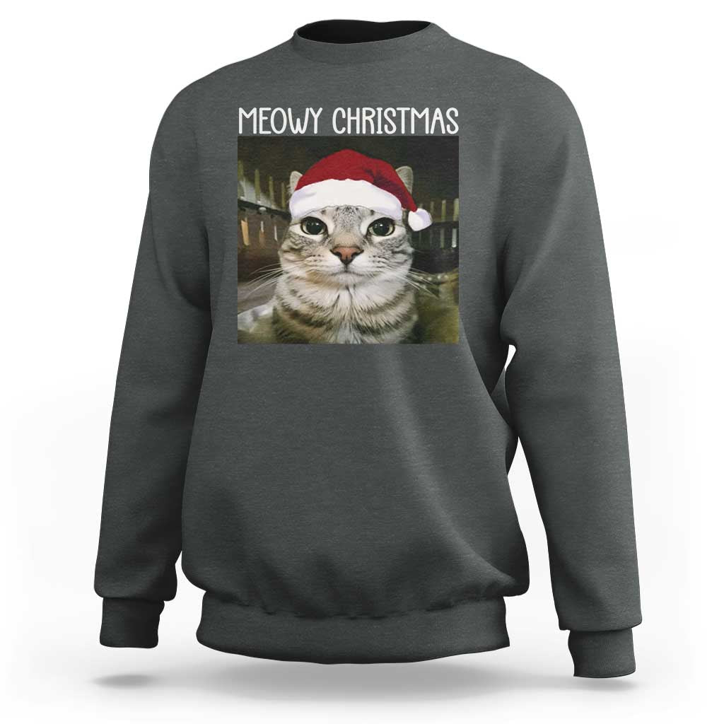 Meowy Christmas Sweatshirt Xmas Silly Staring Cat Meme Santa Hat - Wonder Print Shop