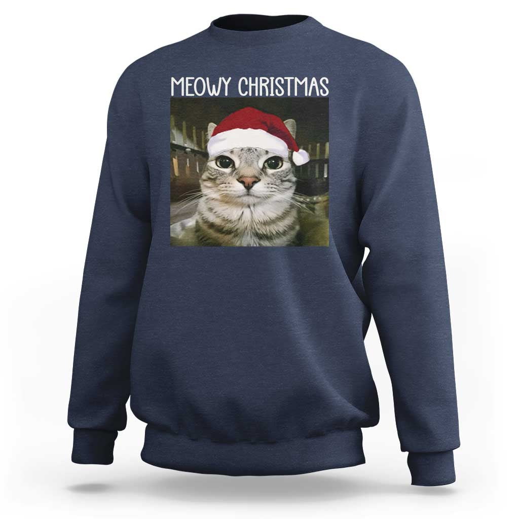 Meowy Christmas Sweatshirt Xmas Silly Staring Cat Meme Santa Hat - Wonder Print Shop