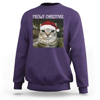 Meowy Christmas Sweatshirt Xmas Silly Staring Cat Meme Santa Hat - Wonder Print Shop