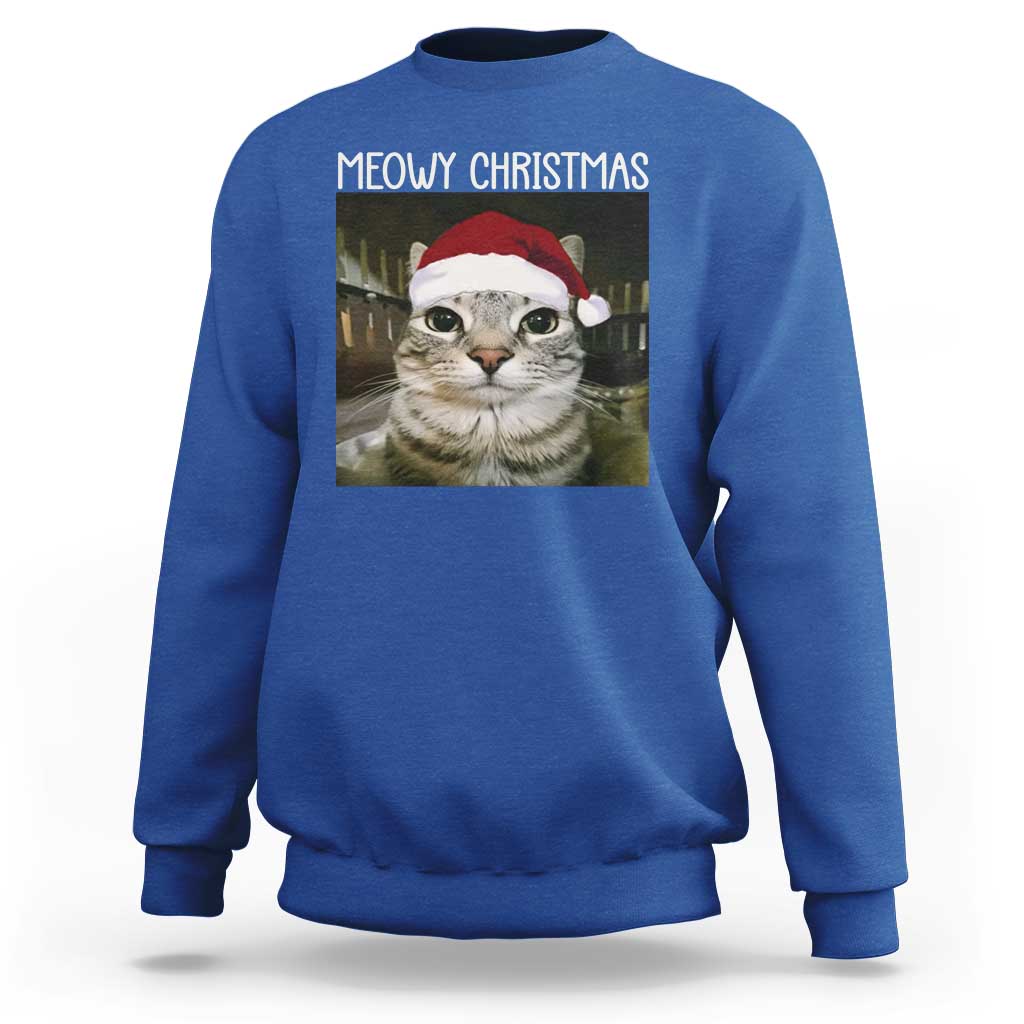 Meowy Christmas Sweatshirt Xmas Silly Staring Cat Meme Santa Hat - Wonder Print Shop