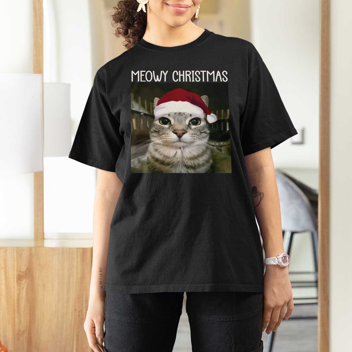 Meowy Christmas T Shirt For Women Xmas Silly Staring Cat Meme Santa Hat - Wonder Print Shop