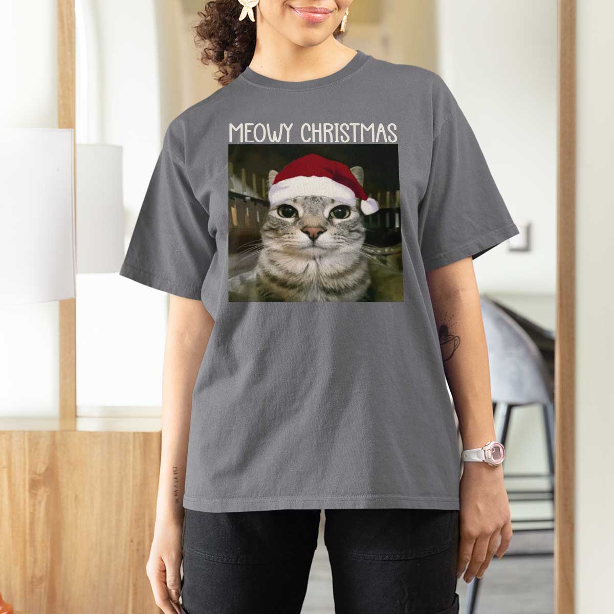 Meowy Christmas T Shirt For Women Xmas Silly Staring Cat Meme Santa Hat - Wonder Print Shop