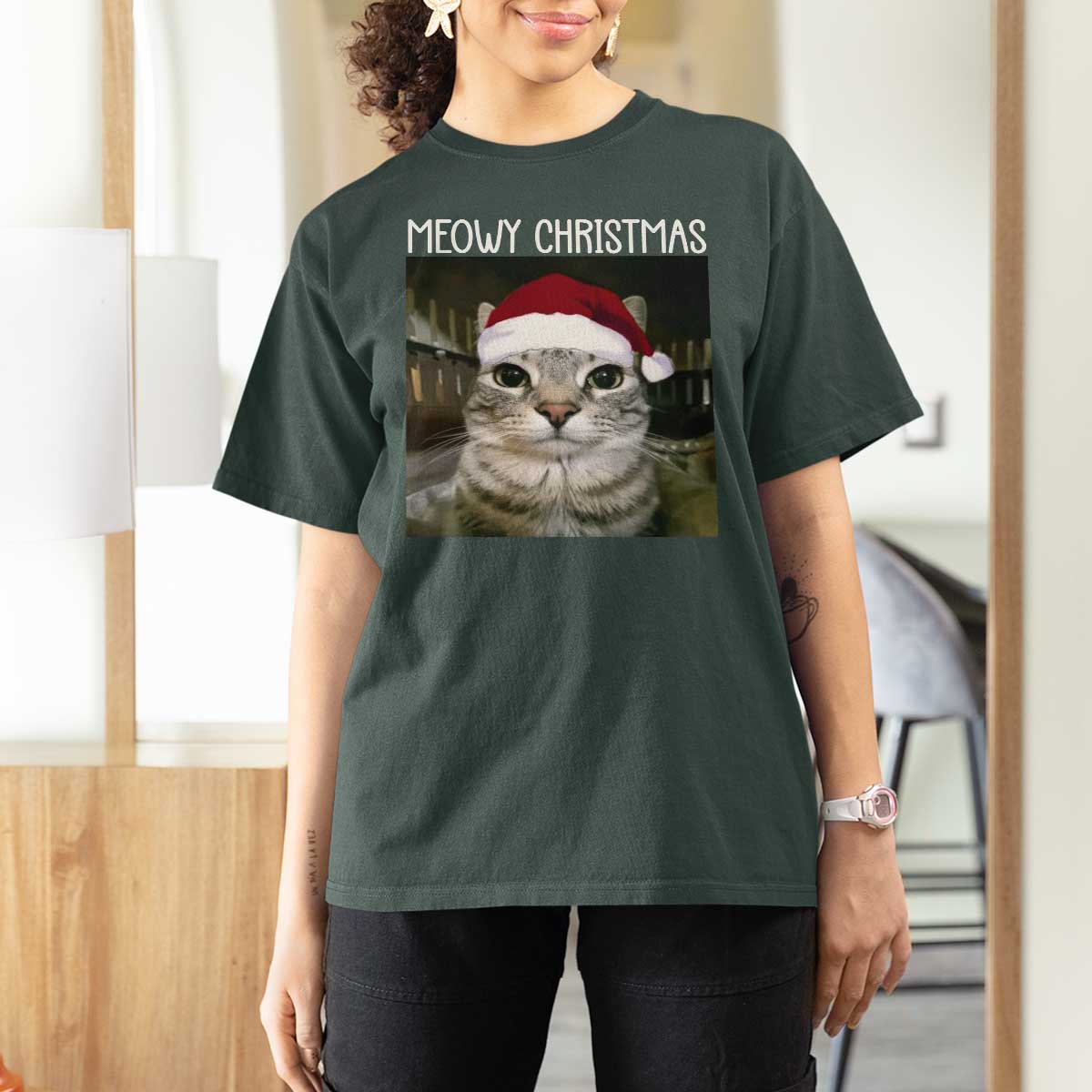 Meowy Christmas T Shirt For Women Xmas Silly Staring Cat Meme Santa Hat - Wonder Print Shop