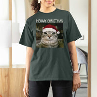 Meowy Christmas T Shirt For Women Xmas Silly Staring Cat Meme Santa Hat - Wonder Print Shop