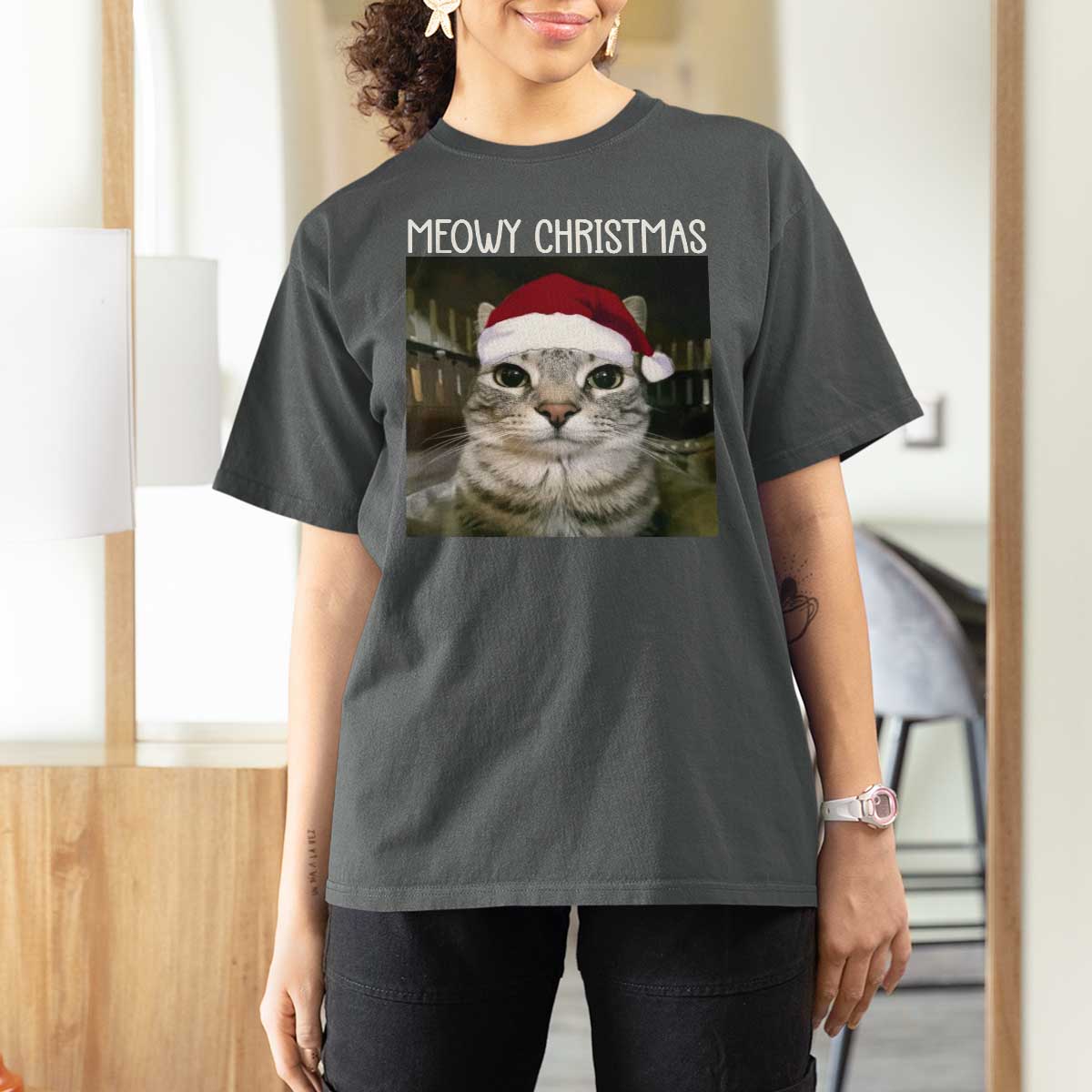 Meowy Christmas T Shirt For Women Xmas Silly Staring Cat Meme Santa Hat - Wonder Print Shop