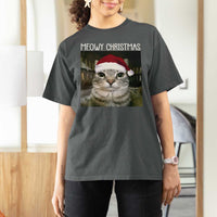 Meowy Christmas T Shirt For Women Xmas Silly Staring Cat Meme Santa Hat - Wonder Print Shop