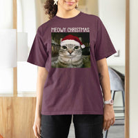 Meowy Christmas T Shirt For Women Xmas Silly Staring Cat Meme Santa Hat - Wonder Print Shop