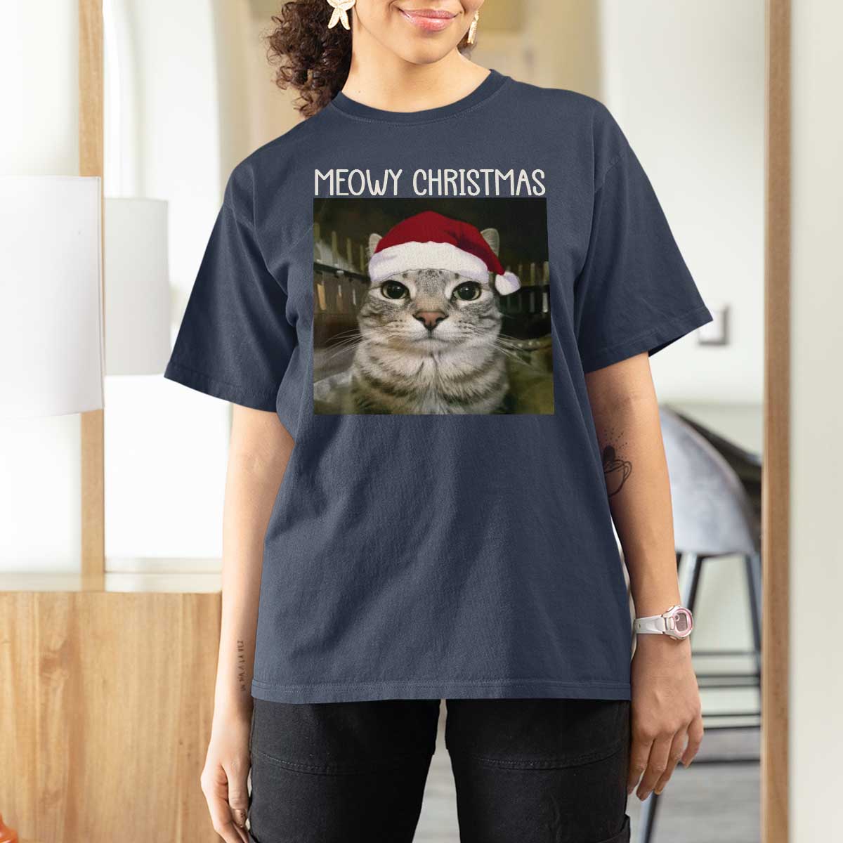 Meowy Christmas T Shirt For Women Xmas Silly Staring Cat Meme Santa Hat - Wonder Print Shop