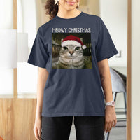 Meowy Christmas T Shirt For Women Xmas Silly Staring Cat Meme Santa Hat - Wonder Print Shop