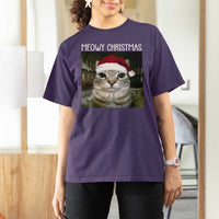 Meowy Christmas T Shirt For Women Xmas Silly Staring Cat Meme Santa Hat - Wonder Print Shop