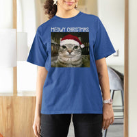 Meowy Christmas T Shirt For Women Xmas Silly Staring Cat Meme Santa Hat - Wonder Print Shop