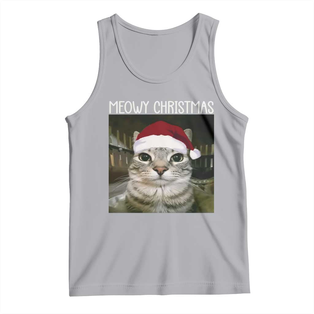 Meowy Christmas Tank Top Xmas Silly Staring Cat Meme Santa Hat - Wonder Print Shop