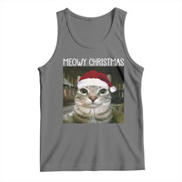 Meowy Christmas Tank Top Xmas Silly Staring Cat Meme Santa Hat - Wonder Print Shop