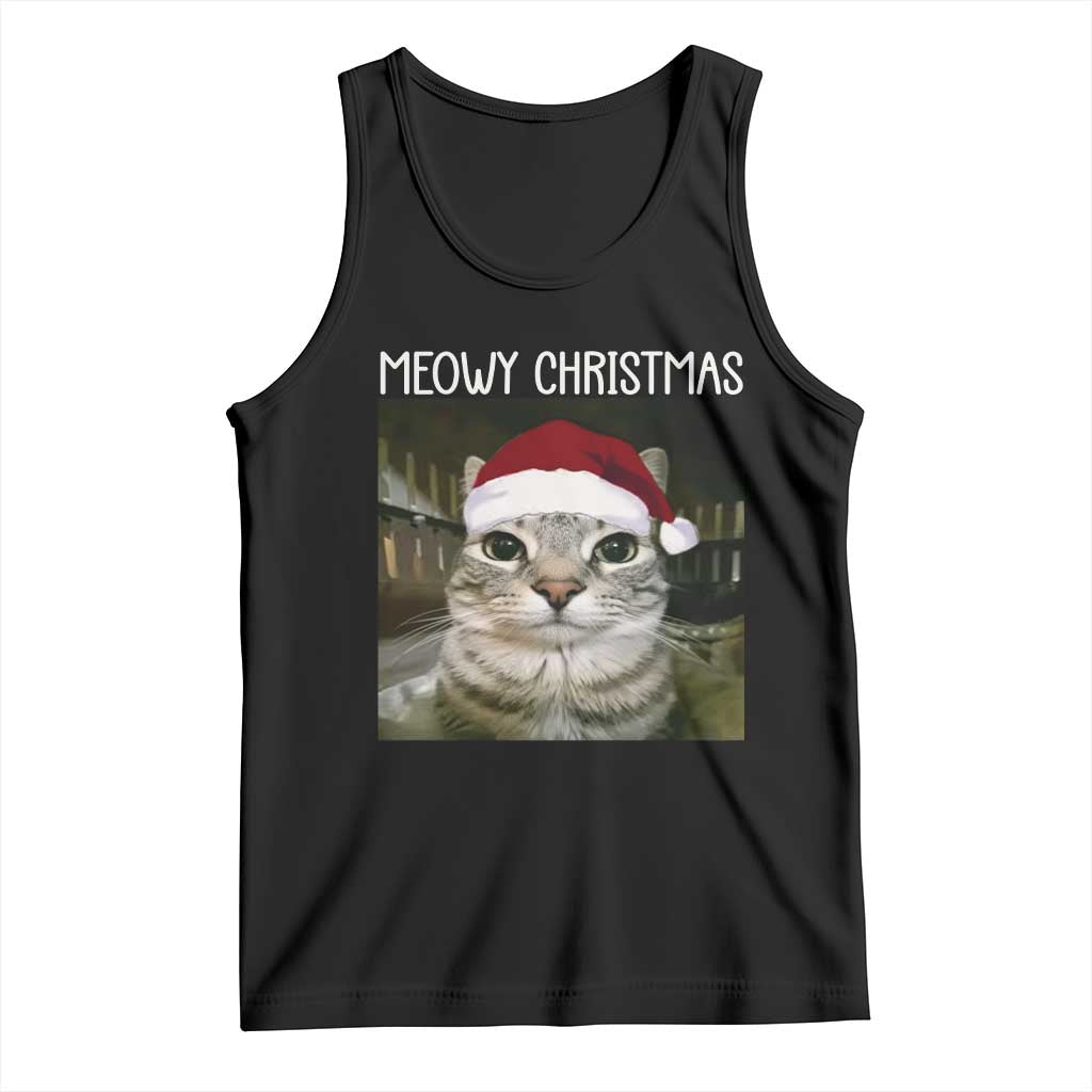 Meowy Christmas Tank Top Xmas Silly Staring Cat Meme Santa Hat - Wonder Print Shop