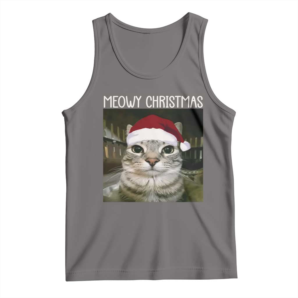 Meowy Christmas Tank Top Xmas Silly Staring Cat Meme Santa Hat - Wonder Print Shop