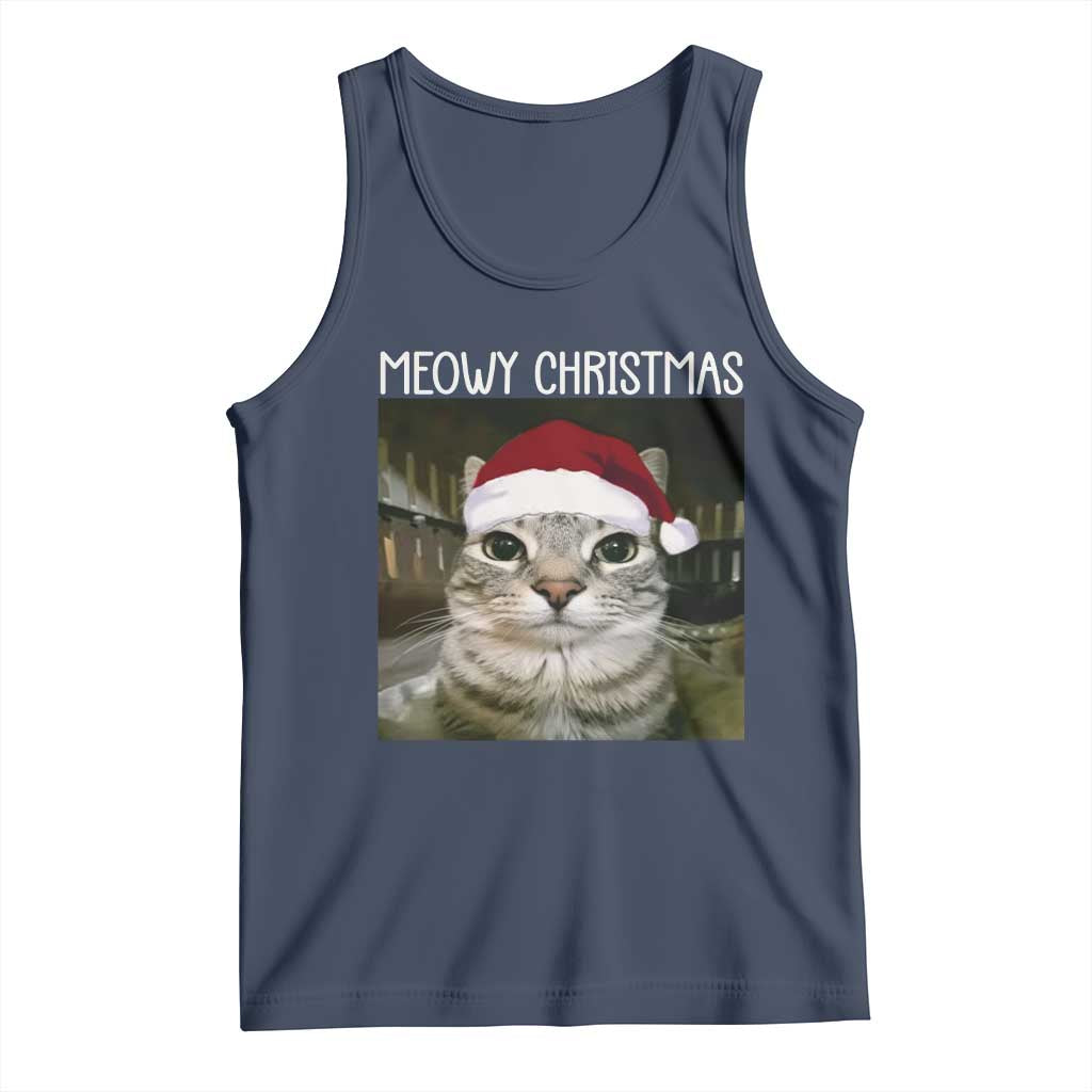 Meowy Christmas Tank Top Xmas Silly Staring Cat Meme Santa Hat - Wonder Print Shop