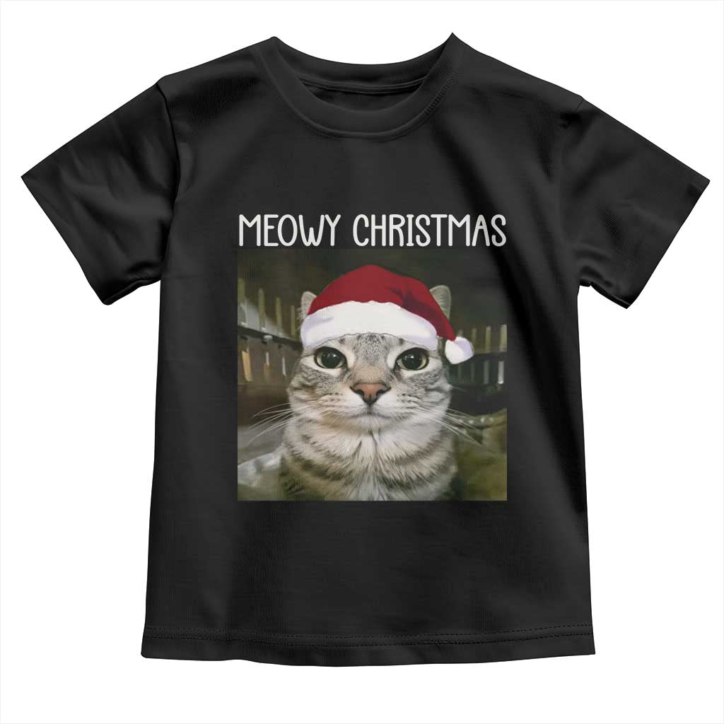 Meowy Christmas Toddler T Shirt Xmas Silly Staring Cat Meme Santa Hat - Wonder Print Shop