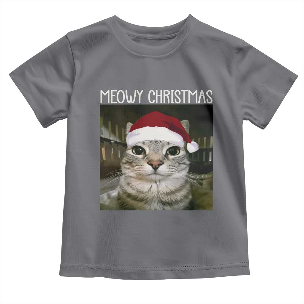 Meowy Christmas Toddler T Shirt Xmas Silly Staring Cat Meme Santa Hat - Wonder Print Shop