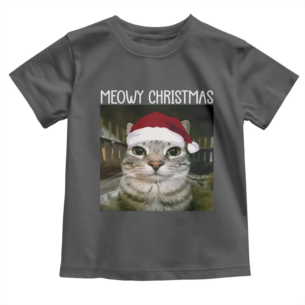 Meowy Christmas Toddler T Shirt Xmas Silly Staring Cat Meme Santa Hat - Wonder Print Shop