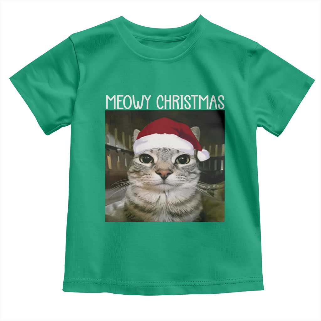 Meowy Christmas Toddler T Shirt Xmas Silly Staring Cat Meme Santa Hat - Wonder Print Shop