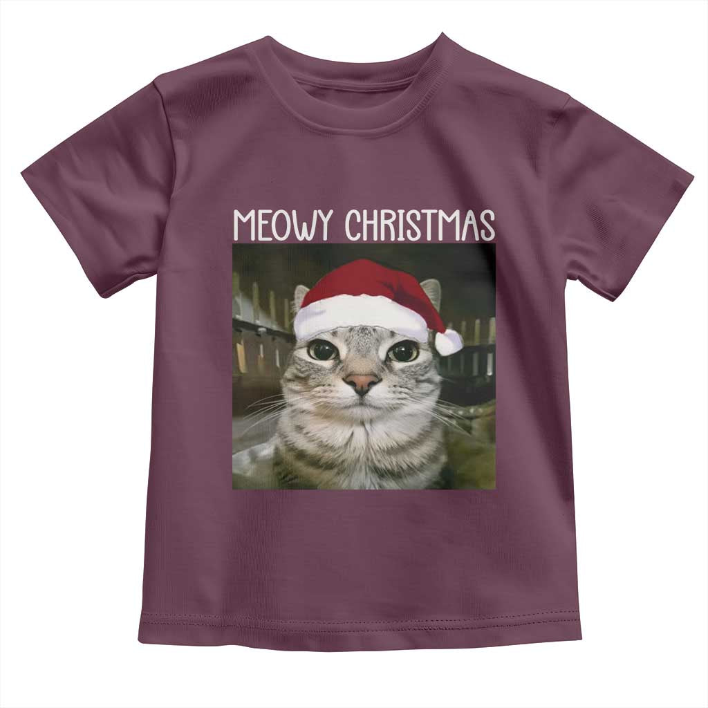 Meowy Christmas Toddler T Shirt Xmas Silly Staring Cat Meme Santa Hat - Wonder Print Shop