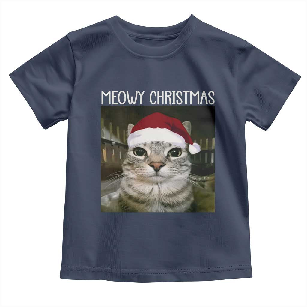 Meowy Christmas Toddler T Shirt Xmas Silly Staring Cat Meme Santa Hat - Wonder Print Shop