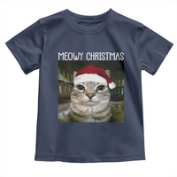 Meowy Christmas Toddler T Shirt Xmas Silly Staring Cat Meme Santa Hat - Wonder Print Shop