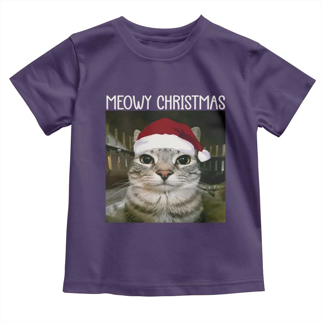 Meowy Christmas Toddler T Shirt Xmas Silly Staring Cat Meme Santa Hat - Wonder Print Shop