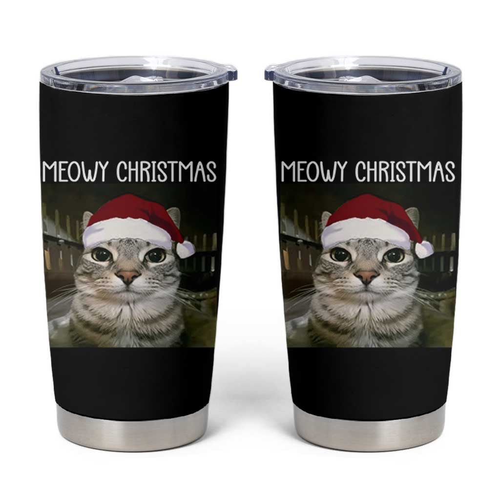Meowy Christmas Tumbler Cup Xmas Silly Staring Cat Meme Santa Hat - Wonder Print Shop