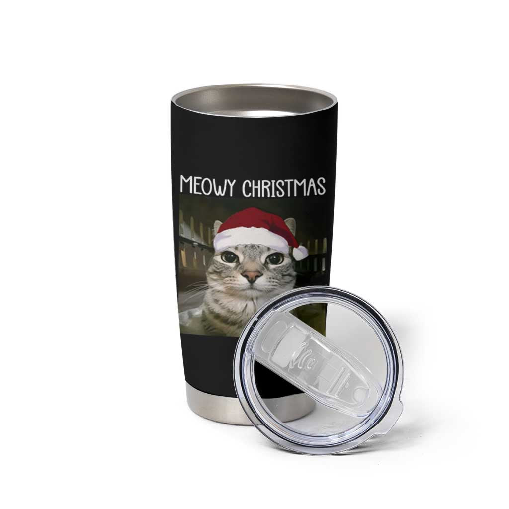 Meowy Christmas Tumbler Cup Xmas Silly Staring Cat Meme Santa Hat - Wonder Print Shop