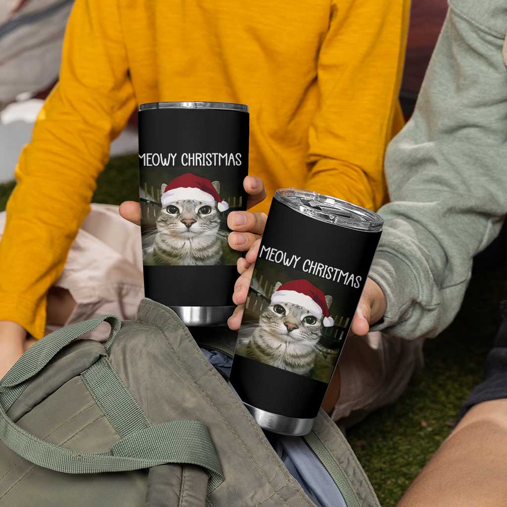 Meowy Christmas Tumbler Cup Xmas Silly Staring Cat Meme Santa Hat - Wonder Print Shop