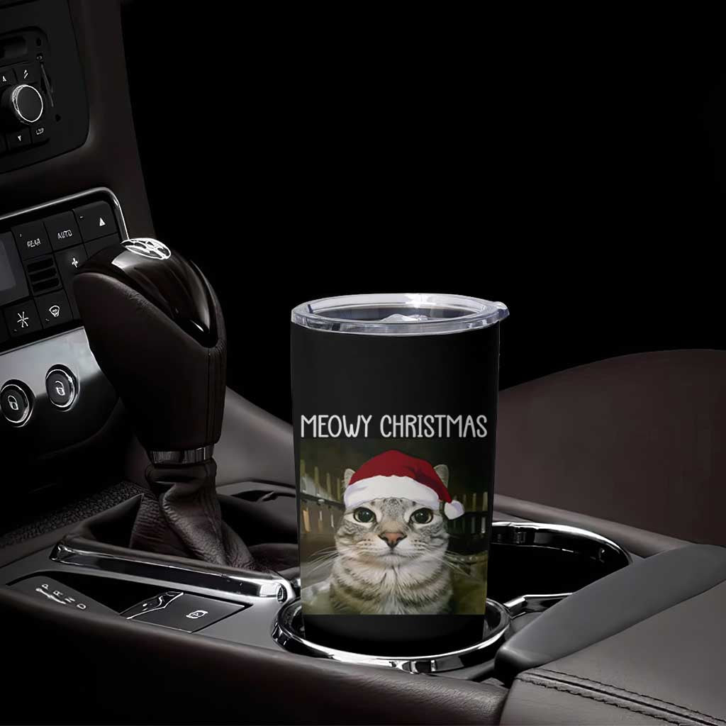 Meowy Christmas Tumbler Cup Xmas Silly Staring Cat Meme Santa Hat - Wonder Print Shop