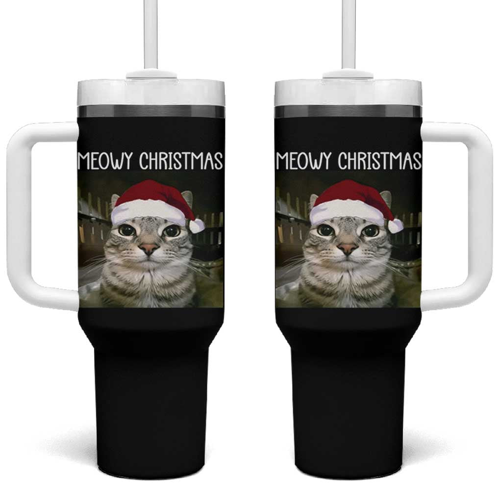 Meowy Christmas Tumbler With Handle Xmas Silly Staring Cat Meme Santa Hat - Wonder Print Shop