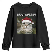 Meowy Christmas Youth Sweatshirt Xmas Silly Staring Cat Meme Santa Hat - Wonder Print Shop