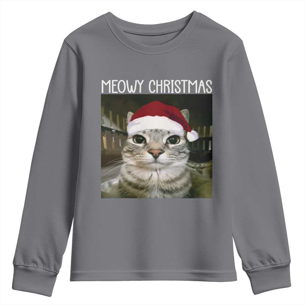 Meowy Christmas Youth Sweatshirt Xmas Silly Staring Cat Meme Santa Hat - Wonder Print Shop