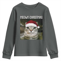 Meowy Christmas Youth Sweatshirt Xmas Silly Staring Cat Meme Santa Hat - Wonder Print Shop