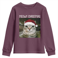 Meowy Christmas Youth Sweatshirt Xmas Silly Staring Cat Meme Santa Hat - Wonder Print Shop