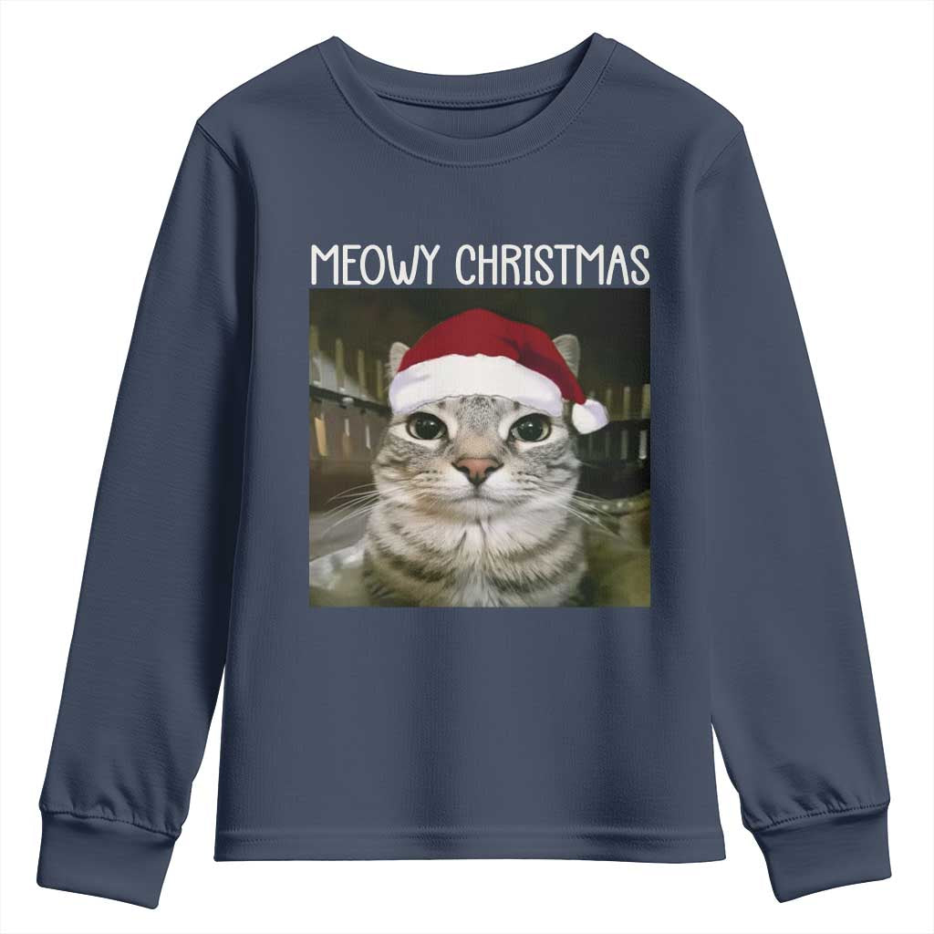 Meowy Christmas Youth Sweatshirt Xmas Silly Staring Cat Meme Santa Hat - Wonder Print Shop