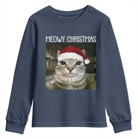 Meowy Christmas Youth Sweatshirt Xmas Silly Staring Cat Meme Santa Hat - Wonder Print Shop