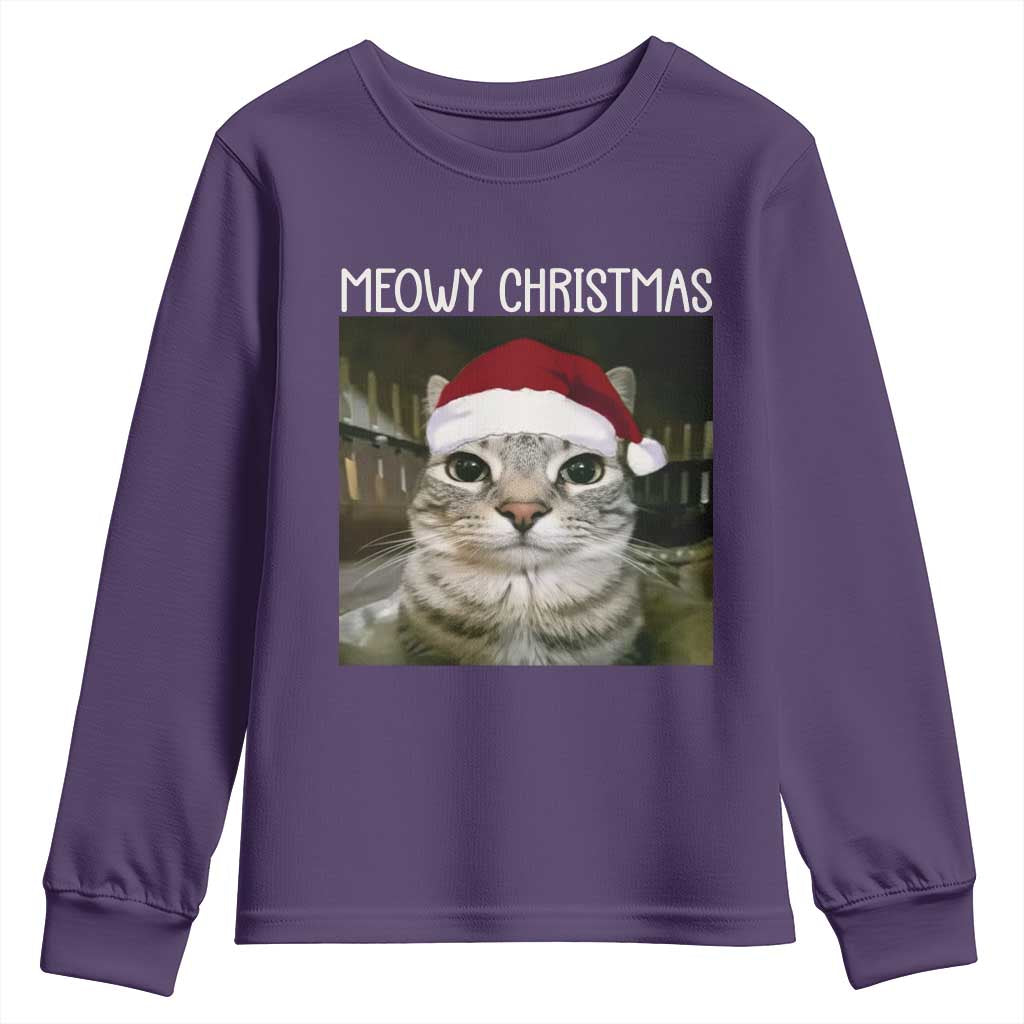 Meowy Christmas Youth Sweatshirt Xmas Silly Staring Cat Meme Santa Hat - Wonder Print Shop