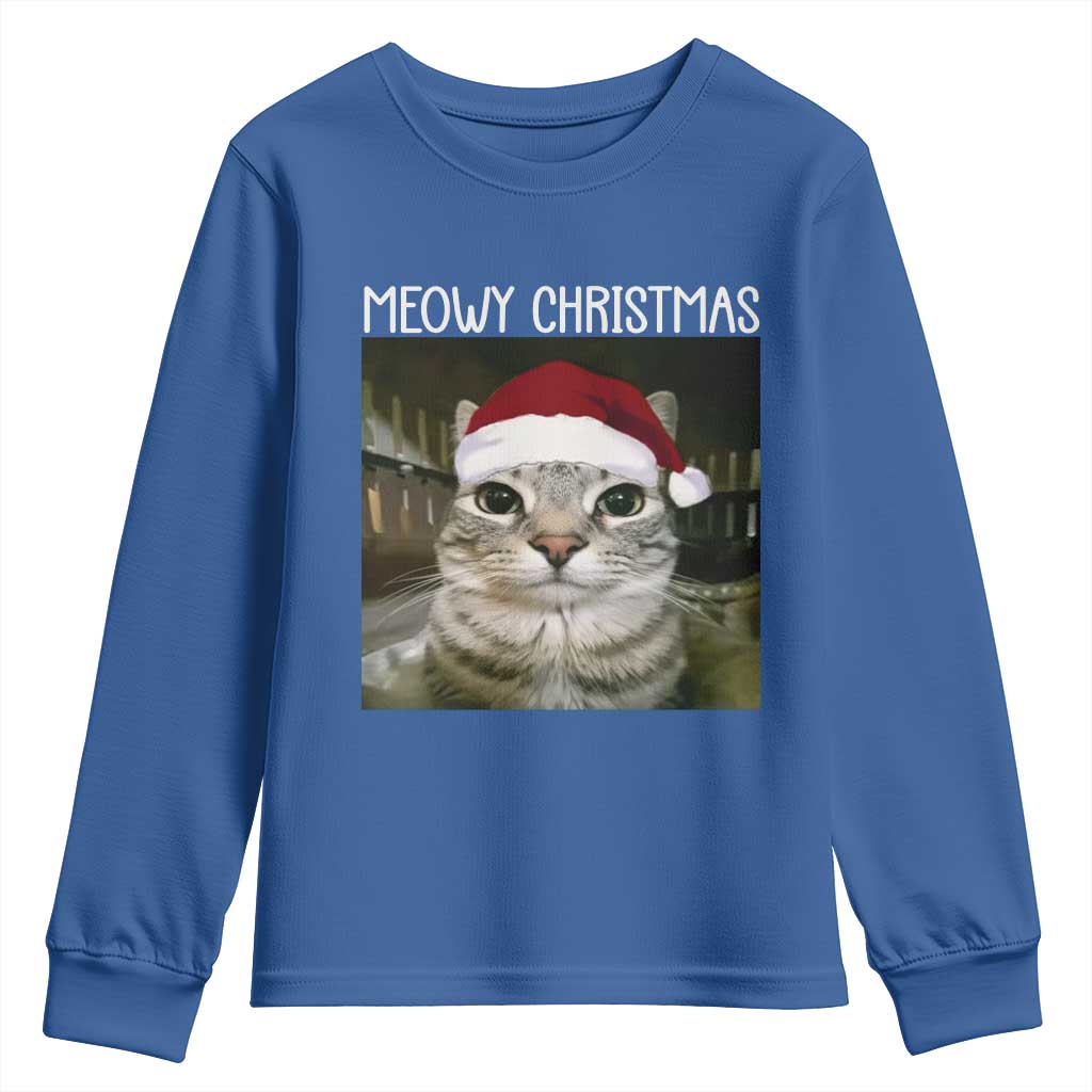 Meowy Christmas Youth Sweatshirt Xmas Silly Staring Cat Meme Santa Hat - Wonder Print Shop